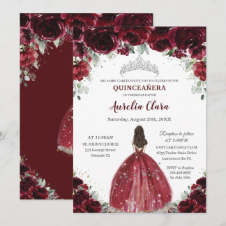 Chic Quinceañera Burgundy Floral Prinzessin Silver Einladung