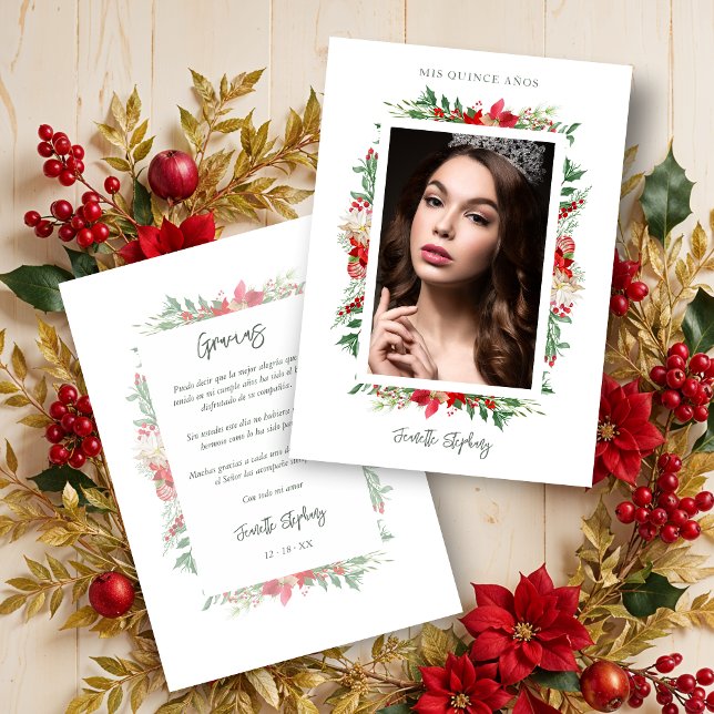 Chic Quinceañera Christmas Poinsettias Frame Photo Dankeskarte (Spanish Classic Fancy Quinceañera Christmas Poinsettias Frame Photo Couple Thank You Cards.)