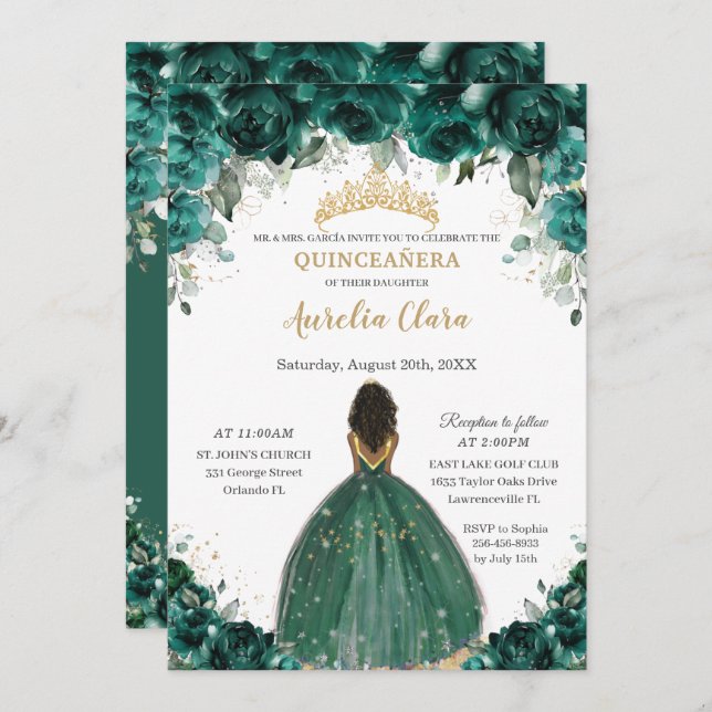 Chic Quinceañera Emerald Green Floral Princess Einladung (Vorne/Hinten)