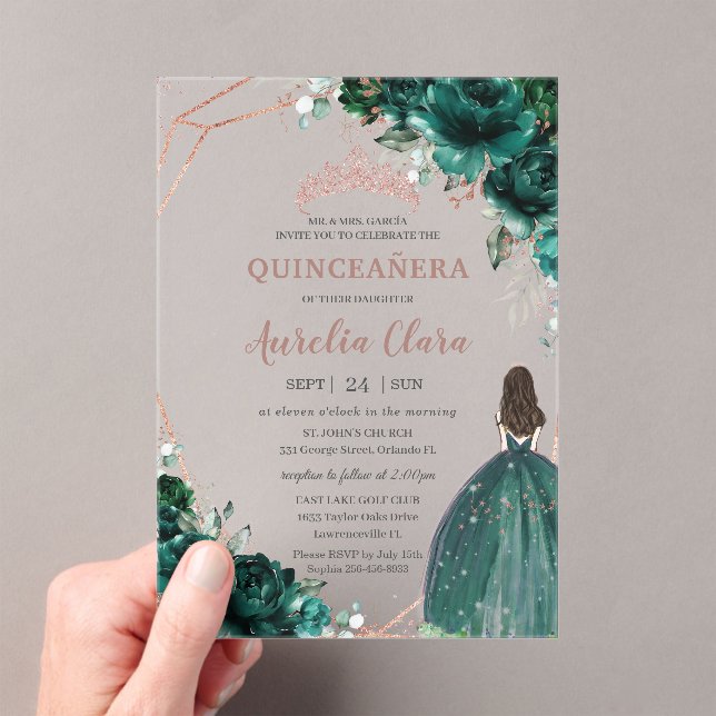 Chic Quinceañera Emerald Green Rose Gold Acryleinladungen (Insitu (Handheld))
