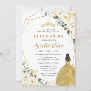 Chic Quinceañera Ivory White Floral Gold Prinzessi Einladung