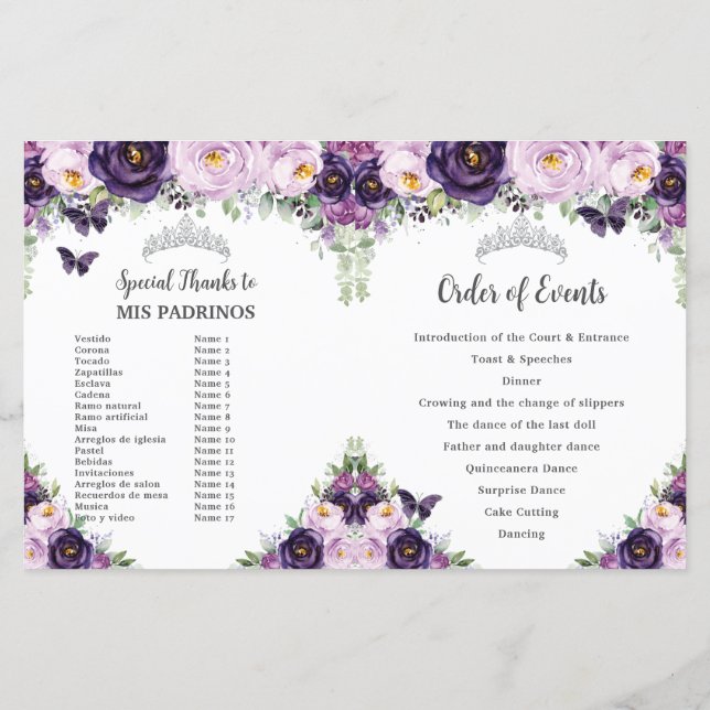 Chic Quinceañera Lila Floral Butterfells Programm (Rückseite)