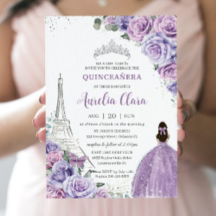 Chic Quinceañera Lila Floral Paris Eiffel Silver Einladung