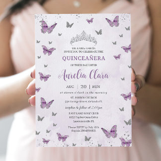 Chic Quinceañera Lila Lilac Butterflies Silver Einladung