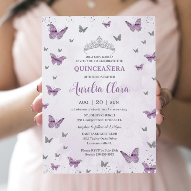 Chic Quinceañera Lila Lilac Butterflies Silver Einladung (Von Creator hochgeladen)
