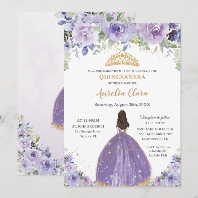 Chic Quinceañera Lila Lilac Floral Princess Einladung (Vorne/Hinten)