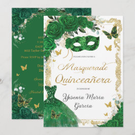 Chic Quinceañera Masquerade Emerald Green Floral Einladung