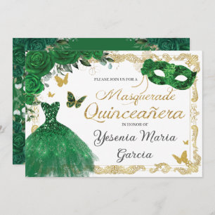 Chic Quinceañera Masquerade Emerald Green Floral I Einladung