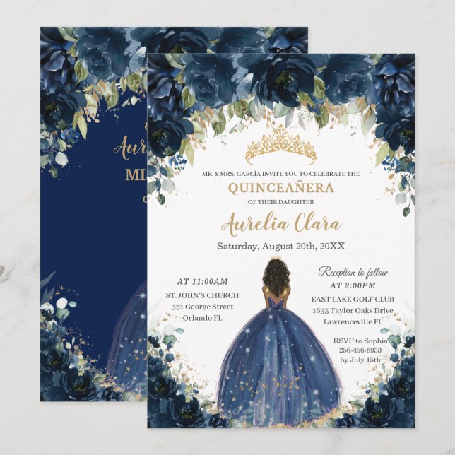 Chic Quinceañera Navy Blue Floral Brown Princess Einladung (Vorne/Hinten)