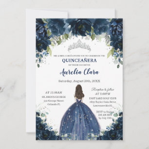 Chic Quinceañera Navy Blue Floral Princess Silver Einladung