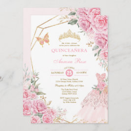 Chic Quinceañera Pink Gold Rose Kronprinzessin Einladung