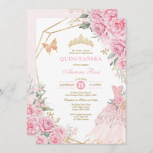 Chic Quinceañera Pink Gold Rose Kronprinzessin Einladung