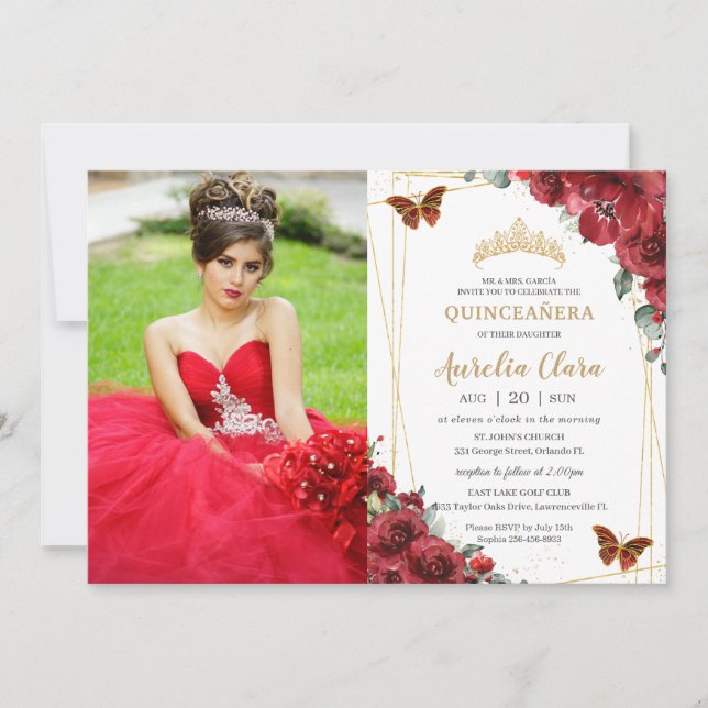 Chic Quinceañera Red Floral Gold Schmetterlinge Fo Einladung (Vorderseite)