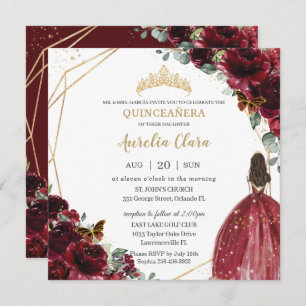 Chic Quinceañera Rich Burgundy Red Floral Tiara Einladung