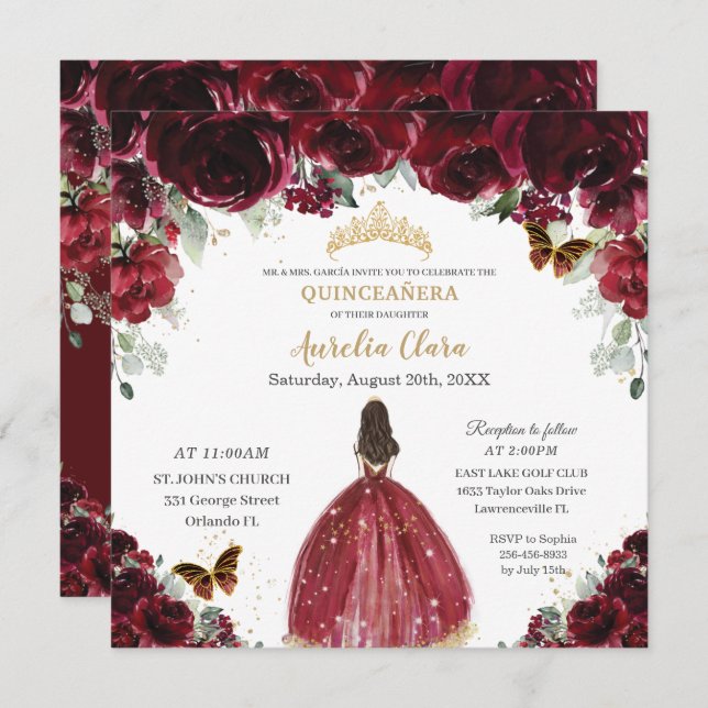 Chic Quinceañera Rich Burgundy Rote Floral Prinzes Einladung (Vorne/Hinten)