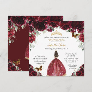 Chic Quinceañera Rich Burgundy Rote Floral Prinzes Einladung