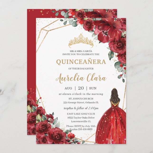 Chic Quinceañera Rote Blume Floral Brown Princess Einladung (Vorne/Hinten)