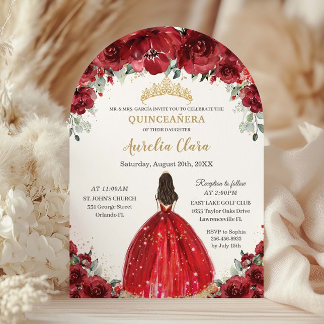 Chic Quinceañera Rote Flora Rose Princess Arch Einladung (Von Creator hochgeladen)