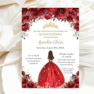 Chic Quinceañera Rote Florale Rose Princess Tiara Einladung
