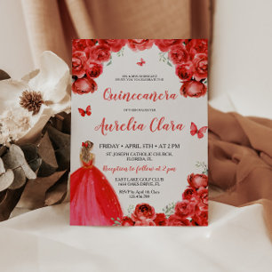 Chic Quinceañera Rote Florale Rose Princess Tiara Einladung