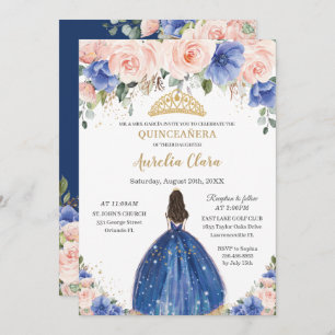 Chic Quinceañera Royal Blue Blush Bloral Princess Einladung
