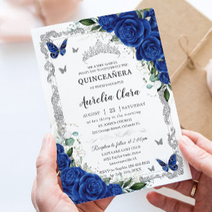 Chic Quinceañera Royal Blue Floral Vintag Silver Einladung