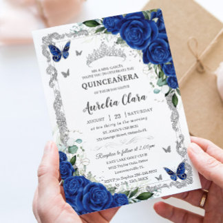 Chic Quinceañera Royal Blue Floral Vintag Silver Einladung