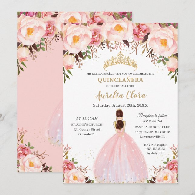 Chic Quinceañera Soft Blush Bloral Princess Einladung (Vorne/Hinten)