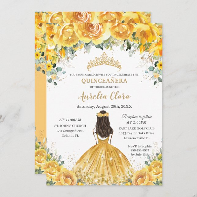 Chic Quinceañera Yellow Floral Princess Geburtstag Einladung (Vorne/Hinten)