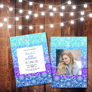 Chic Rainbow Blue Stripes Foto Geburtstag Einladung
