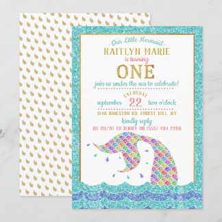 Chic Rainbow Glitzer Mermaid 1. Geburtstag Einladung
