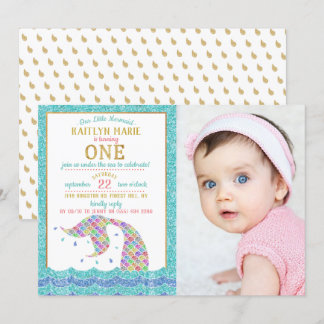 Chic Rainbow Glitzer Mermaid 1. Geburtstag Foto Einladung