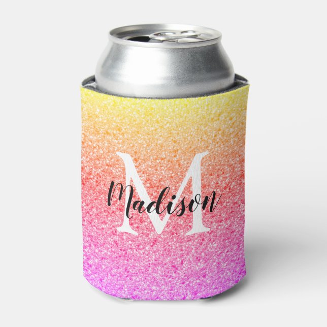 Chic Rainbow Glitzer Script Monogram Personalisier Dosenkühler (Kanne Vorderseite)
