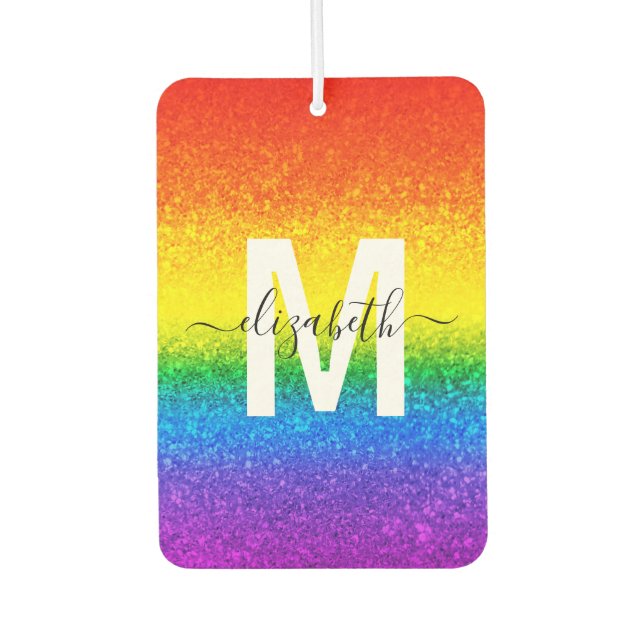 Chic Rainbow Glitzer Stripes Monogramm Name Autolufterfrischer (Vorderseite)