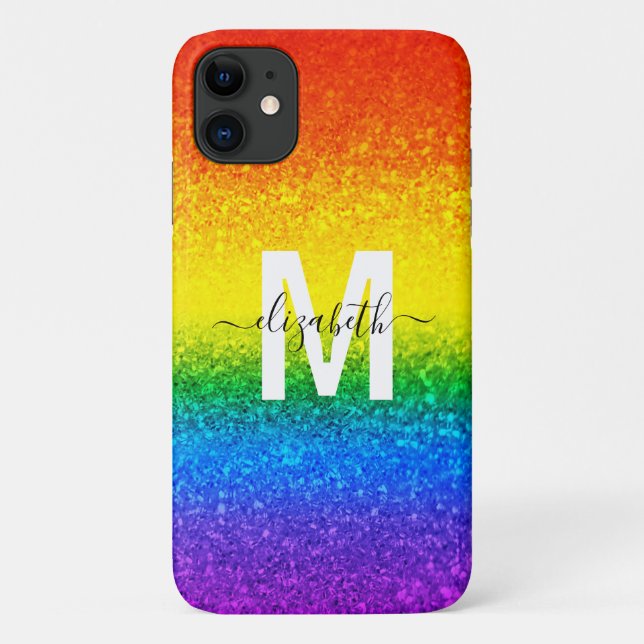 Chic Rainbow Glitzer Stripes Monogramm Name Case-Mate iPhone Hülle (Rückseite)