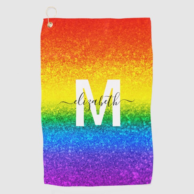 Chic Rainbow Glitzer Stripes Monogramm Name Golfhandtuch (Vorderseite)