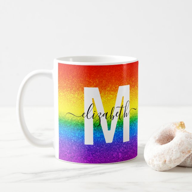 Chic Rainbow Glitzer Stripes Monogramm Name Kaffeetasse (Mit Donut)