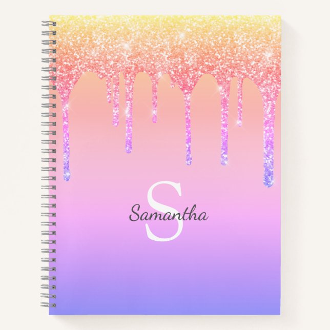 Chic Rainbow Glitzer Tropfen Sparkle Monogram Name Notizbuch (Vorderseite)