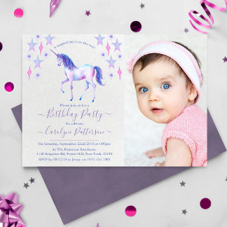 Chic Rainbow Watercolor Einhorn Foto Geburtstag Einladung
