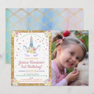 Chic Rainbow Watercolor Einhorn Foto Geburtstag Einladung