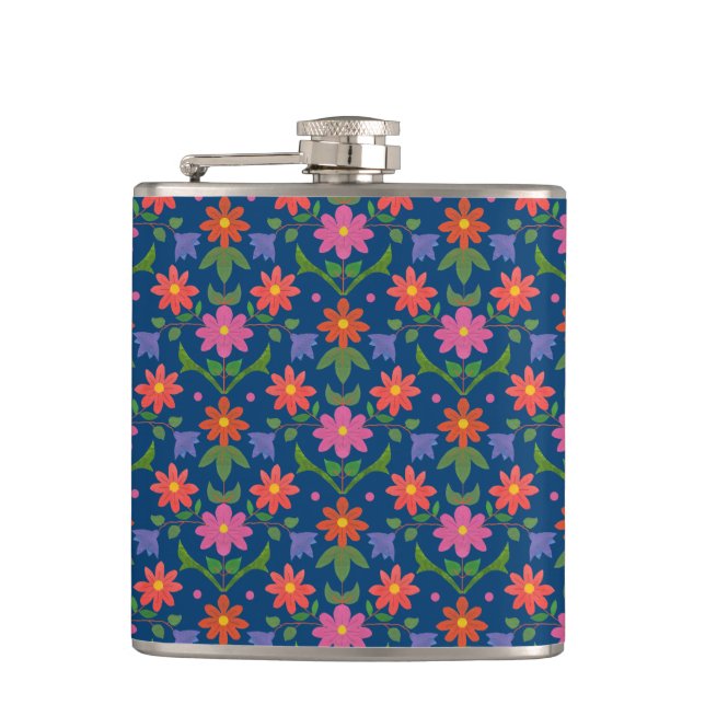 Chic Rangoli Blume Polka Dots auf Blue Hip Flask Flachmann (Vorderseite)