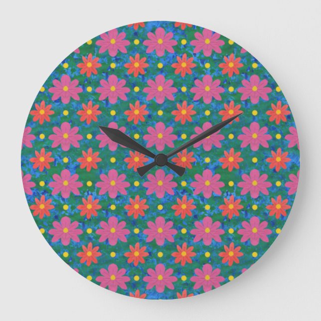 Chic Rangoli Blume, Polka Dots Round Wall Clock Große Wanduhr (Vorderseite)