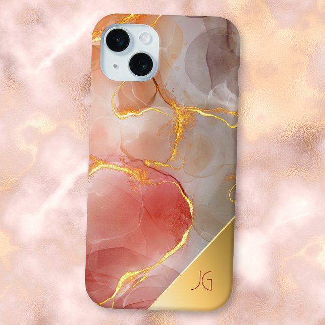 Chic Red and Gold Agate Monogram Case-Mate iPhone Hülle (Von Creator hochgeladen)