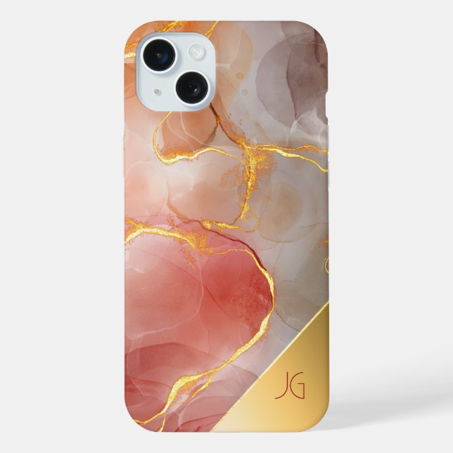 Chic Red and Gold Agate Monogram iPhone Hülle (Rückseite)