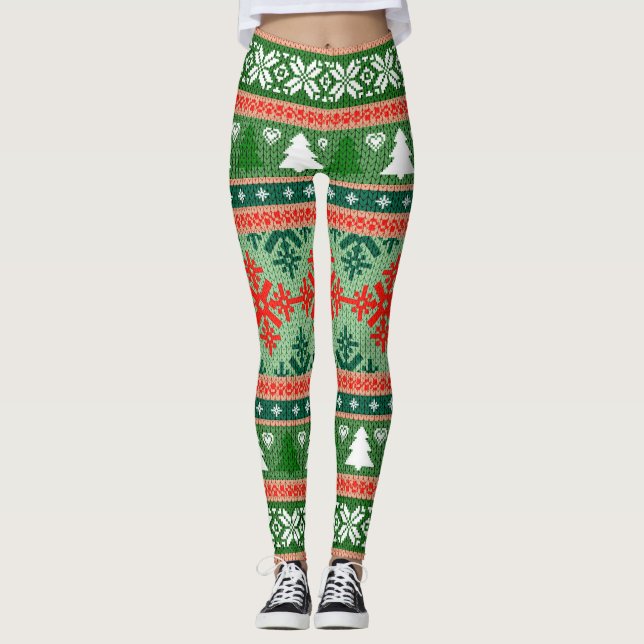 Chic Red and Green Kariert Snowflake Leggings (Vorderseite)