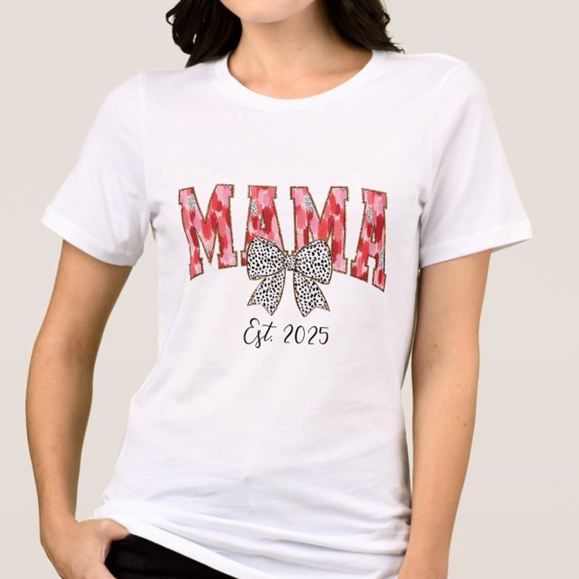 Chic Red and Pink Coquette Bow Mama Tri-Blend Shirt (Chic brushstroke “Mama” shirt with glitter accents, a coquette bow, and custom “Est. [Your Year].”)