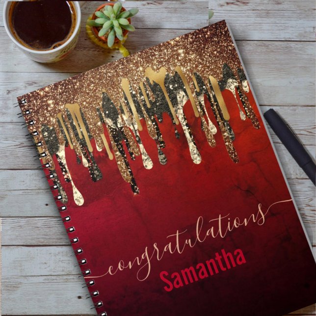 Chic Red Black and Gold Glitzer Tropfen Monogramm Notizblock (Von Creator hochgeladen)