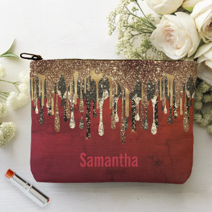 Chic Red Black and Gold Glitzer Tropfen Monogramm Zubehörtasche