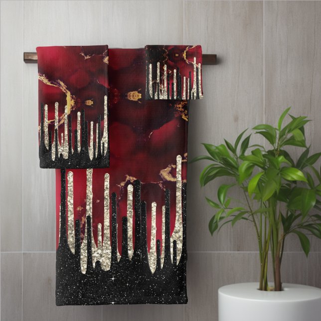 Chic red black drippings Glitzer monogram Badhandtuch Set (Von Creator hochgeladen)