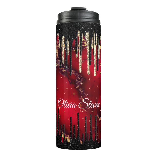 Chic red black drippings Glitzer monogram Thermosbecher (Vorderseite)